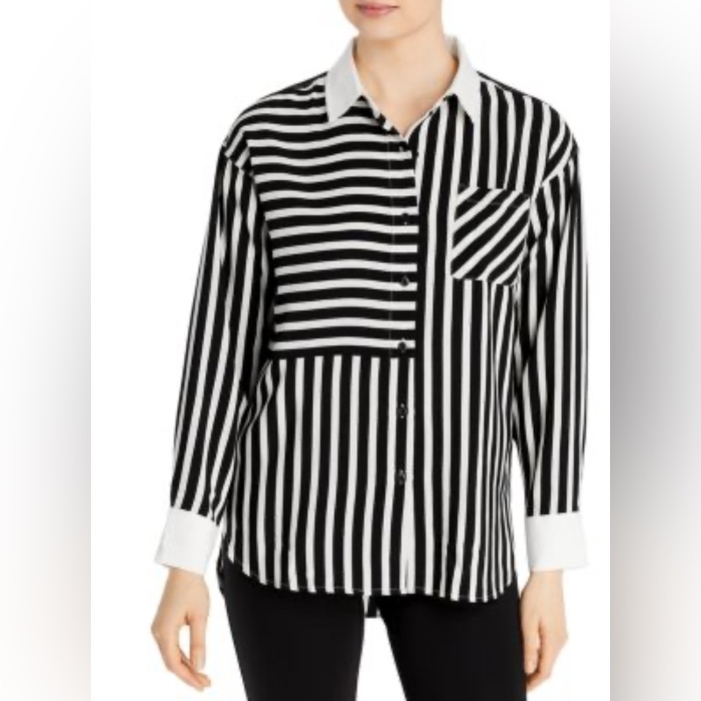 👔🏢 KARL LAGERFELD PARIS Black White Stripe Shirt | Contrast Collar Preppy Top, L